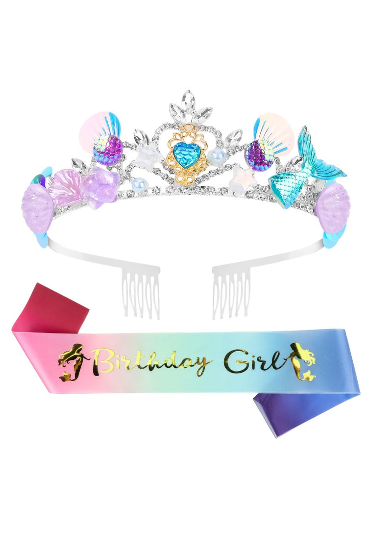 SYOSI Mermaid Birthday Decorations Mermaid Crown and Sash Rainbow Satin Sash Sweet Party Supplies Accessories for Kids - Image 1