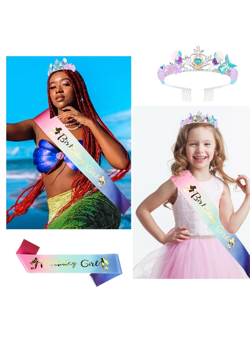 SYOSI Mermaid Birthday Decorations Mermaid Crown and Sash Rainbow Satin Sash Sweet Party Supplies Accessories for Kids - Image 2