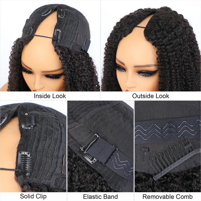ISEE V Part Human Hair Kinky Curly Minimal/No Leave Out Upgrade U Part Wig for Black Women Human Hair V Shape Wig Kinky Curly Thin Part Glueless Clip In Half Wig 180% Density Natural Color 16 Inch - Image 4