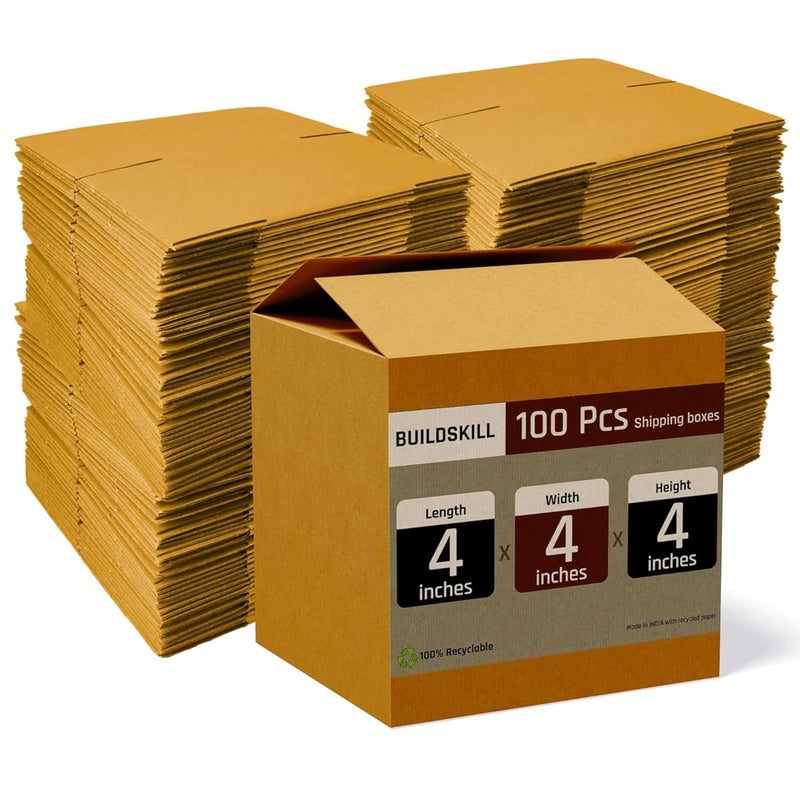 BUILDSKILL Pack of 100 | 3 Ply | 4"X4"X4" Cardboard Boxes for Packaging | Brown Corrugated Box for Packing | Shipping | Home Shifting | Parcel | Courier Packing box | Extra Small Carton Box - Recycled - Image 1