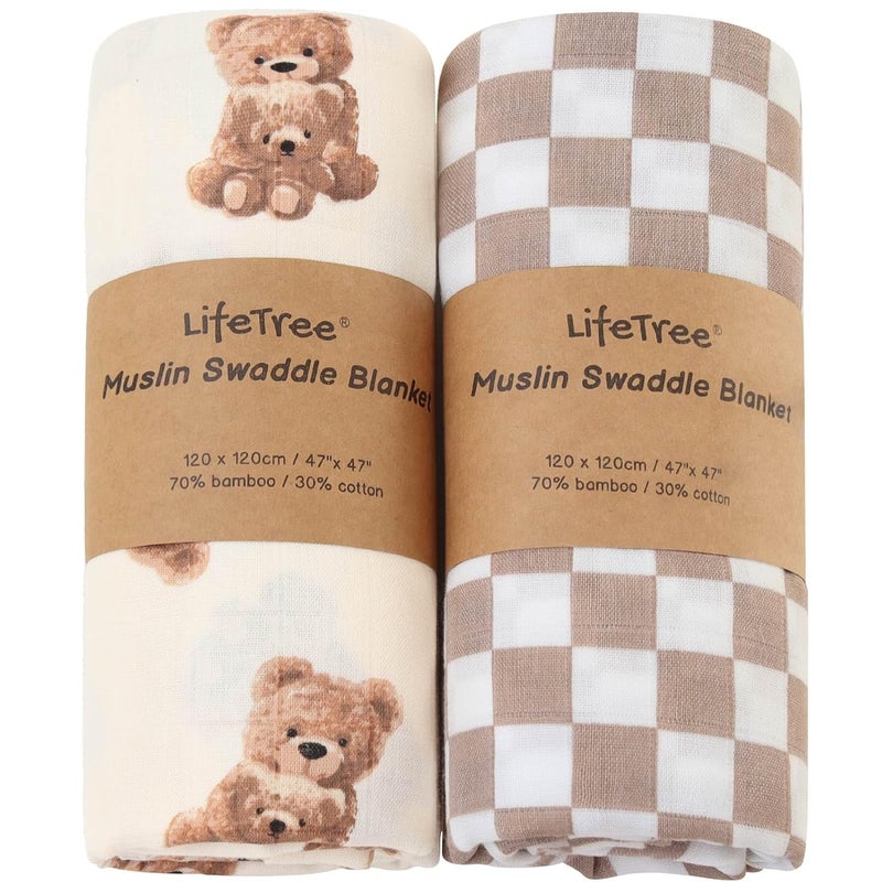 LifeTree Muslin Swaddle Blankets Baby Swaddling Wrap Nursery Blanket Unisex Soft 70 Viscose from Bamboo and 30 Cotton Large 47 x 47 inches Bear  Checkered Swaddle Blanket - Image 1