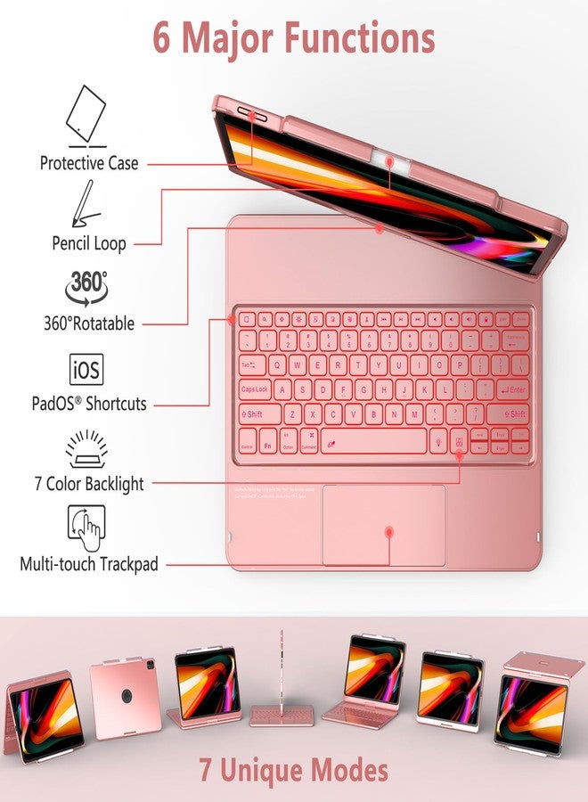TQQ iPad Air 13 Inch Case Keyboard (M3 2025 / M2 2024), iPad Pro 12.9 (6th, 5th, 4th, 3rd Gen) Keyboard - 360° Rotatable, 7-Color Backlight, Multi-Touch Trackpad, Thin & Light (Pink) - Image 3