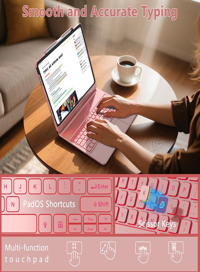 TQQ iPad Air 13 Inch Case Keyboard (M3 2025 / M2 2024), iPad Pro 12.9 (6th, 5th, 4th, 3rd Gen) Keyboard - 360° Rotatable, 7-Color Backlight, Multi-Touch Trackpad, Thin & Light (Pink) - Image 4