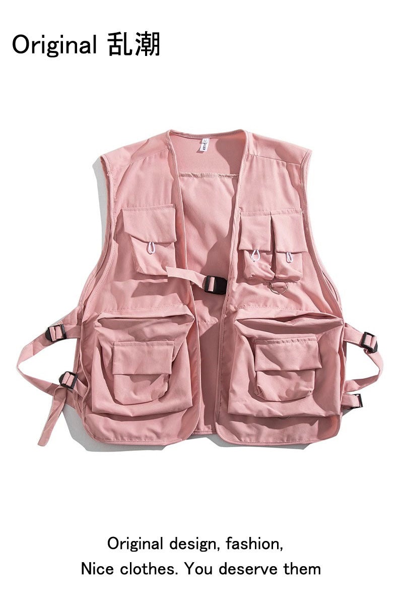 2024 fashion fashion brand Japanese ins rap function tactical vest multi-pocket workwear vest mens and womens jacket Pink
