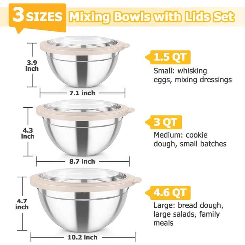 TeamFar Mixing Bowls with Lids, 4.5/3/1.5 QT Stainless Steel Nesting Salad Bowls with Airtight Lids, For Serving/Mixing/Storing/Prepping, Healthy & Sturdy, Visible & Easy Clean, Khaki, Set of 3 - Image 2