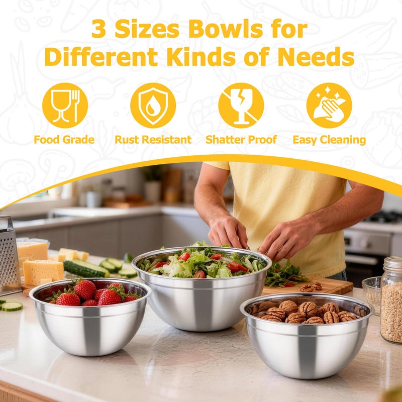TeamFar Mixing Bowls with Lids, 4.5/3/1.5 QT Stainless Steel Nesting Salad Bowls with Airtight Lids, For Serving/Mixing/Storing/Prepping, Healthy & Sturdy, Visible & Easy Clean, Khaki, Set of 3 - Image 5