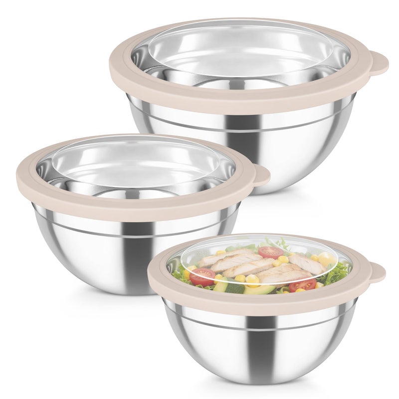 TeamFar Mixing Bowls with Lids, 4.5/3/1.5 QT Stainless Steel Nesting Salad Bowls with Airtight Lids, For Serving/Mixing/Storing/Prepping, Healthy & Sturdy, Visible & Easy Clean, Khaki, Set of 3 - Image 1