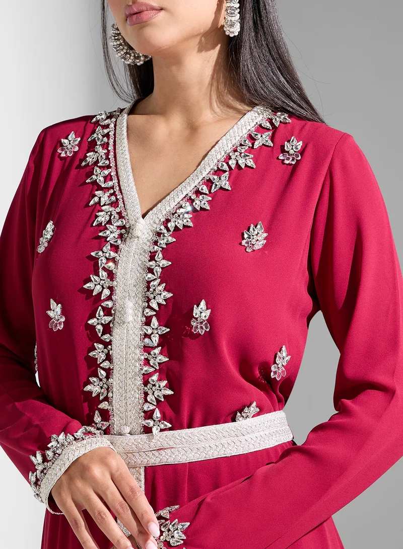 Akadia Fashion laced crystal details kaftan