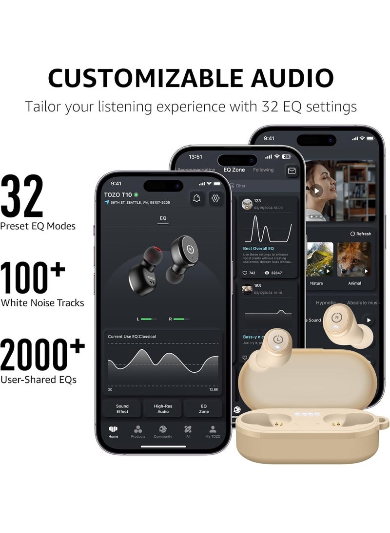 TOZO T10 Wireless Earbuds Bluetooth 5.3 Headphones, App Customize EQ, Ergonomic Design, 55H Playtime, Wireless Charging Case, IPX8 Waterproof Powerful Sound in-Ear Headset Khaki(New Upgraded) - Image 2