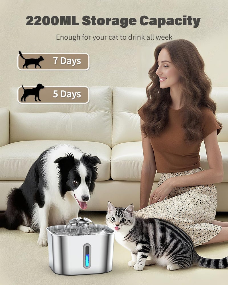 Wonder Creature Cat Water Fountain Stainless Steel, 74oz/2.2L Automatic Quiet Cat Drinking Fountain, Indoor Water Dispenser for Cats, Kittens, Small Dogs and Pets, Circulating Pet Water Fountain - Image 4