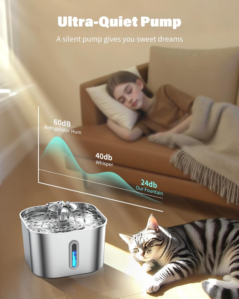 Wonder Creature Cat Water Fountain Stainless Steel, 74oz/2.2L Automatic Quiet Cat Drinking Fountain, Indoor Water Dispenser for Cats, Kittens, Small Dogs and Pets, Circulating Pet Water Fountain - Image 2