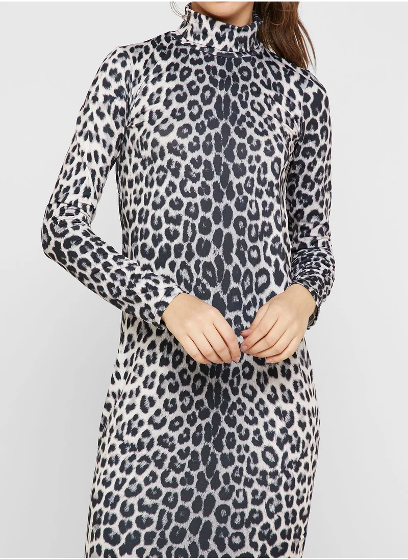 Ginger Leopard Print Polo Neck Midi Dress
