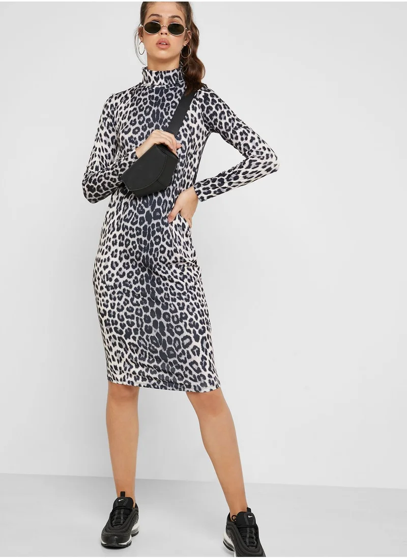 Ginger Leopard Print Polo Neck Midi Dress