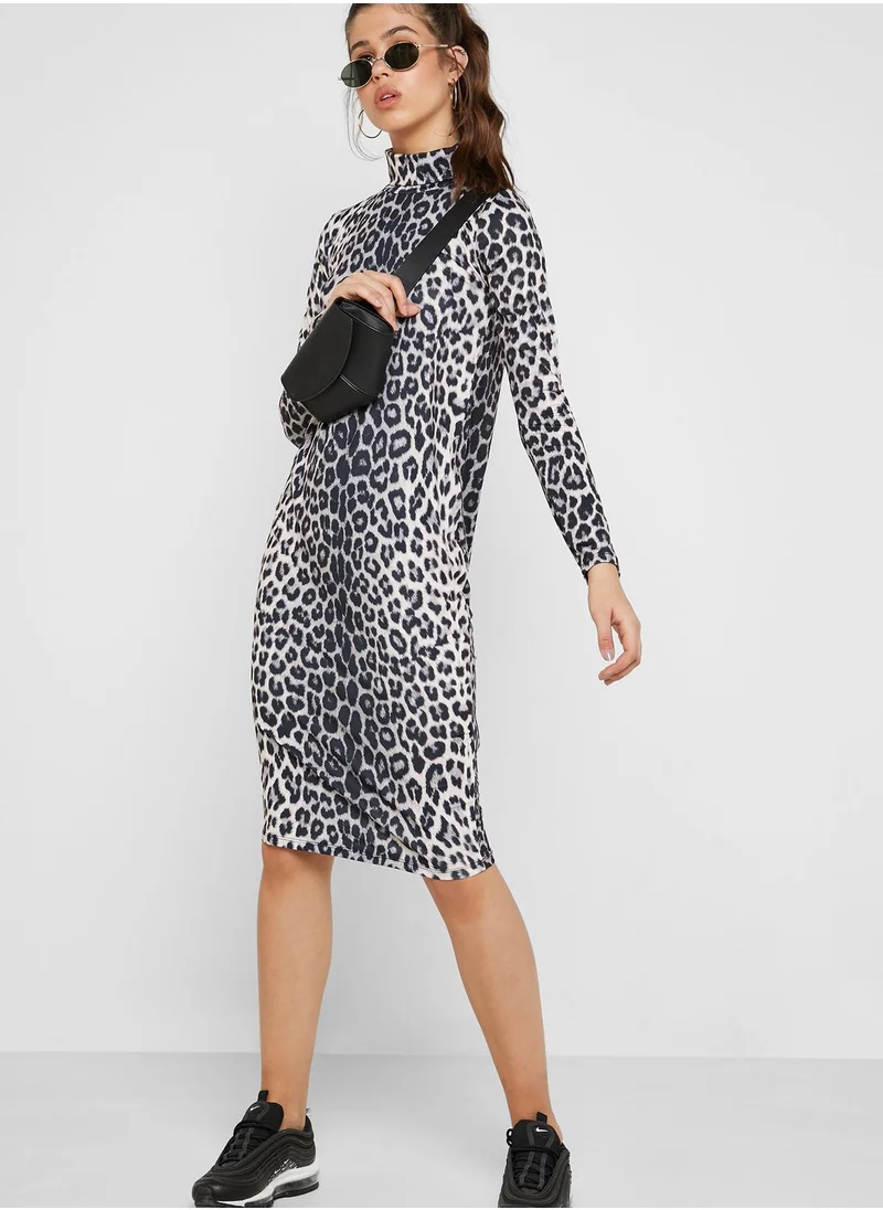 Ginger Leopard Print Polo Neck Midi Dress