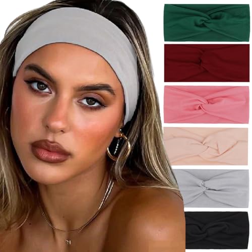 XTREND 6 Pcs Womens Headbands Twisted Cross Elastic Head Bands Yoga Workout Hairbands NonSlip Sweat Soft Headband Solid Color Simple Versatile Hair Accessory Head Band - Image 1