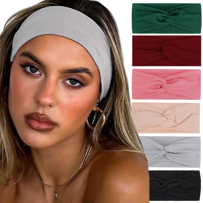 XTREND 6 Pcs Womens Headbands Twisted Cross Elastic Head Bands Yoga Workout Hairbands NonSlip Sweat Soft Headband Solid Color Simple Versatile Hair Accessory Head Band - Image 3