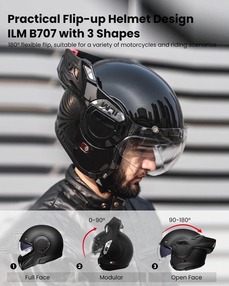 ILM Vintage Full Face Modular Motorcycle Helmet for Adults Men ATV UTV Snowmobile with 180° Reversible Chin Guard DOT Model-B707(Gloss Black, M) - Image 3
