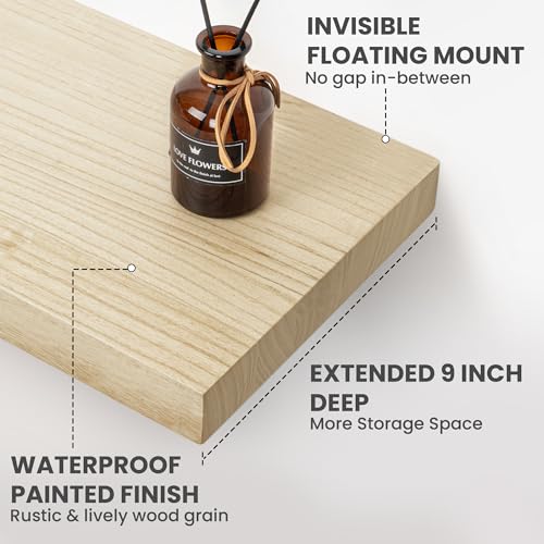 Marsmiles Wood Floating Shelves For Wall, 24”W x 9”D x 1.56”H Deep Wood Wall Shelves for Living Room Bedroom Bathroom Kitchen Drcor Storage with Invisible Heavy-Duty Metal Bracket, Natural Finish, Set of 2 - Image 5
