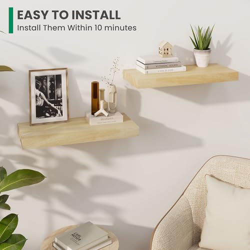 Marsmiles Wood Floating Shelves For Wall, 24”W x 9”D x 1.56”H Deep Wood Wall Shelves for Living Room Bedroom Bathroom Kitchen Drcor Storage with Invisible Heavy-Duty Metal Bracket, Natural Finish, Set of 2 - Image 4