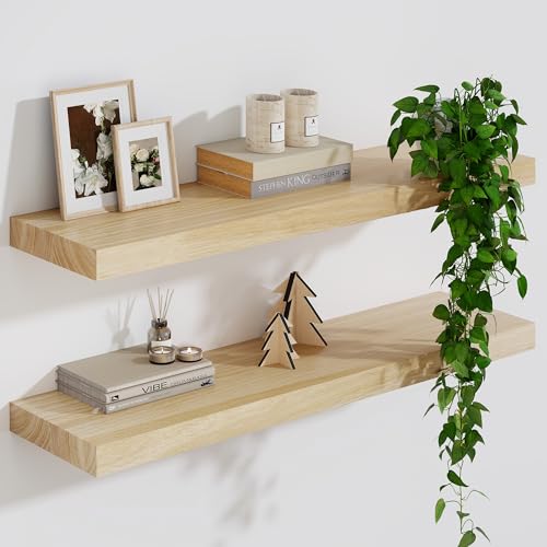 Marsmiles Wood Floating Shelves For Wall, 24”W x 9”D x 1.56”H Deep Wood Wall Shelves for Living Room Bedroom Bathroom Kitchen Drcor Storage with Invisible Heavy-Duty Metal Bracket, Natural Finish, Set of 2 - Image 1