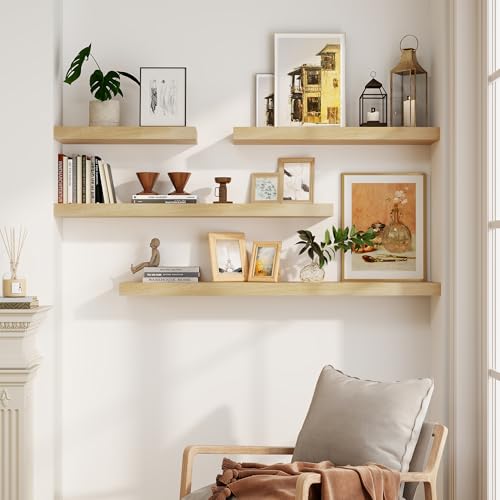 Marsmiles Wood Floating Shelves For Wall, 24”W x 9”D x 1.56”H Deep Wood Wall Shelves for Living Room Bedroom Bathroom Kitchen Drcor Storage with Invisible Heavy-Duty Metal Bracket, Natural Finish, Set of 2 - Image 3