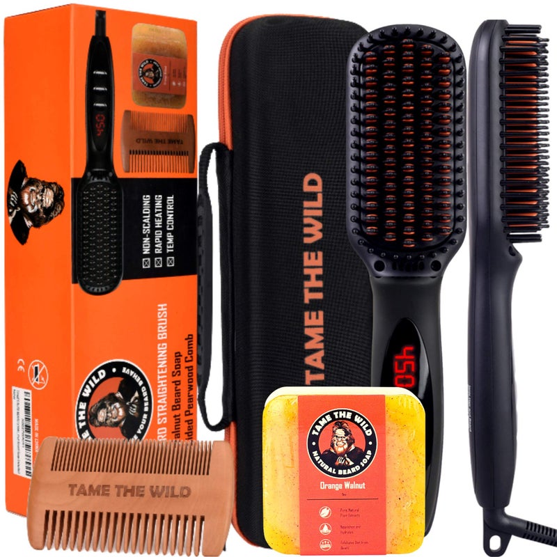 TAME THE WILD MAKE YOUR BEARD BEHAVE Beard Straightener for Men Kit - Includes Portable Heated Beard Brush, Beard Soap, Pearwood Comb, & Storage Case - Image 1