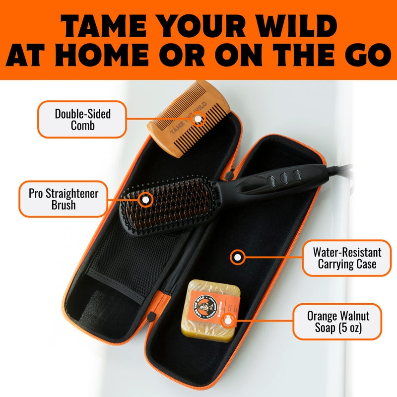 TAME THE WILD MAKE YOUR BEARD BEHAVE Beard Straightener for Men Kit - Includes Portable Heated Beard Brush, Beard Soap, Pearwood Comb, & Storage Case - Image 2
