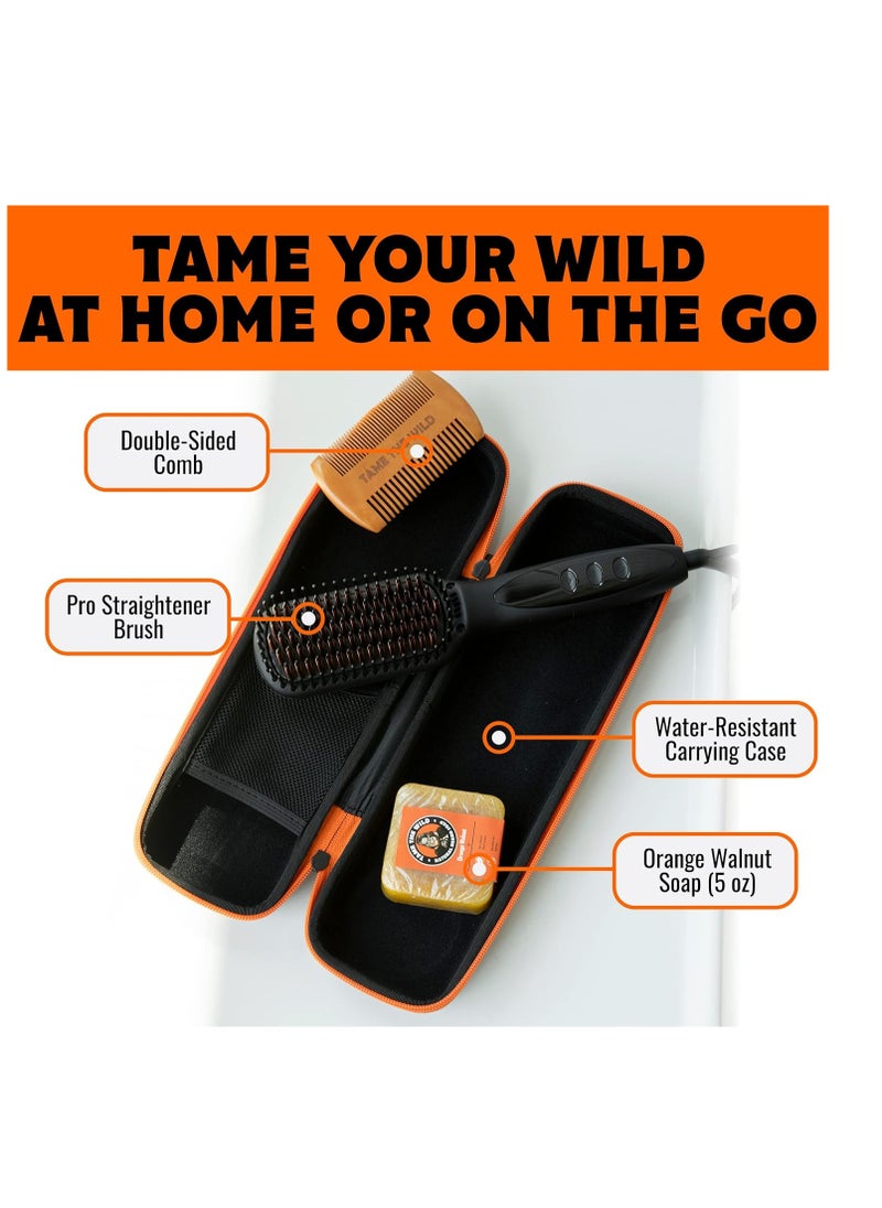 TAME THE WILD Beard Straightener for Men Kit - Premium Heated Beard Brush, Beard Soap, Pearwood Beard Comb, 12 Temperature Settings, Includes Travel Storage Case - Ideal Beard Grooming Kit
