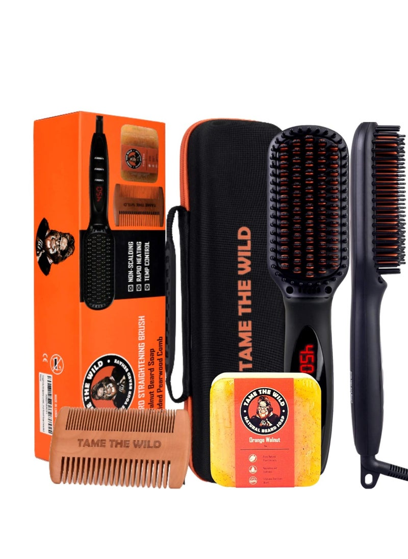 TAME THE WILD Beard Straightener for Men Kit - Premium Heated Beard Brush, Beard Soap, Pearwood Beard Comb, 12 Temperature Settings, Includes Travel Storage Case - Ideal Beard Grooming Kit