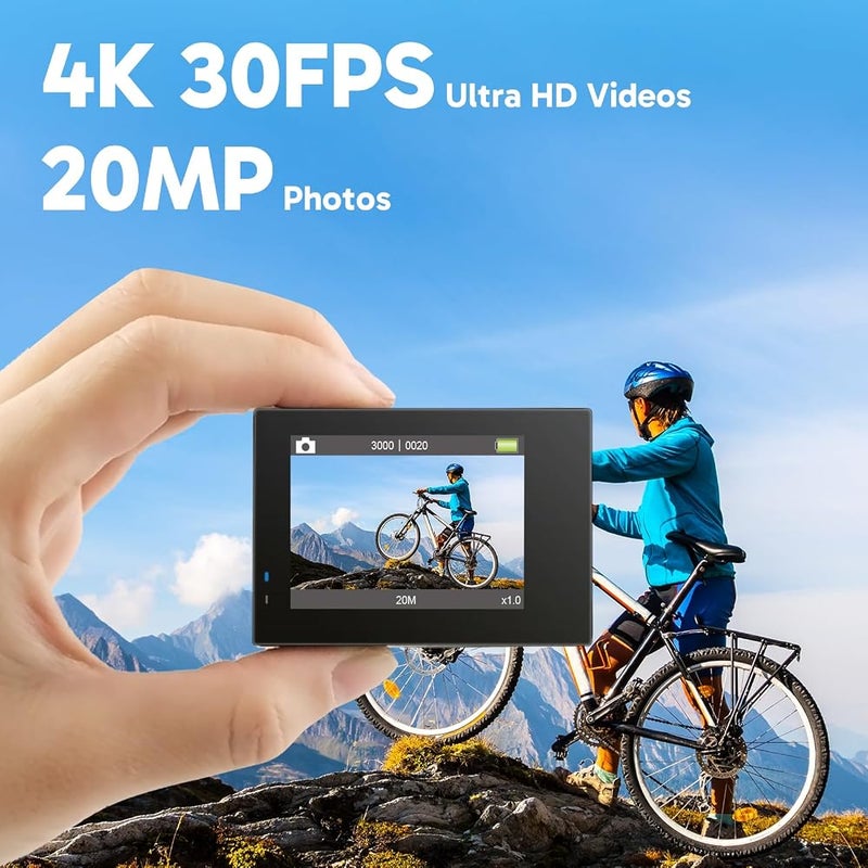 أكاسو كاميرا AKASO Brave 4 بدقة 4K30fps ومساحة تخزين 20MP، مزودة بتقنية EIS ومقاومة للماء حتى عمق 131 قدم، مع وحدة تحكم عن بعد وزوم 5X، ومجموعة إكسسوارات - Image 2