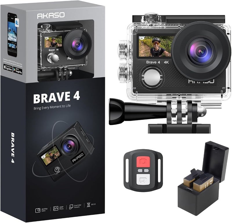 أكاسو كاميرا AKASO Brave 4 بدقة 4K30fps ومساحة تخزين 20MP، مزودة بتقنية EIS ومقاومة للماء حتى عمق 131 قدم، مع وحدة تحكم عن بعد وزوم 5X، ومجموعة إكسسوارات - Image 1