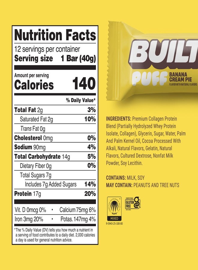 BUILT Bar Puff Protein Bars - Banana Cream Pie - 17g Protein Snack Bars with Collagen - Calorie Conscious & Gluten Free - 12 Count - Image 4