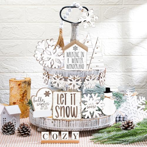 GlikCeil 19 Pcs Winter Tiered Tray Decor Snowflakes Wood Rustic Decoration Tiered Sign Table Centerpieces Without Tray for Tabletop Shelf Winter Xmas Home Party GiftsRustic - Image 3