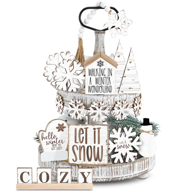 GlikCeil 19 Pcs Winter Tiered Tray Decor Snowflakes Wood Rustic Decoration Tiered Sign Table Centerpieces Without Tray for Tabletop Shelf Winter Xmas Home Party GiftsRustic - Image 2