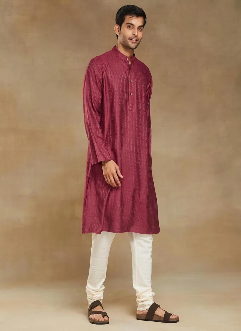 فاب انديا Maroon Viscose Blend Dobby Long Kurta