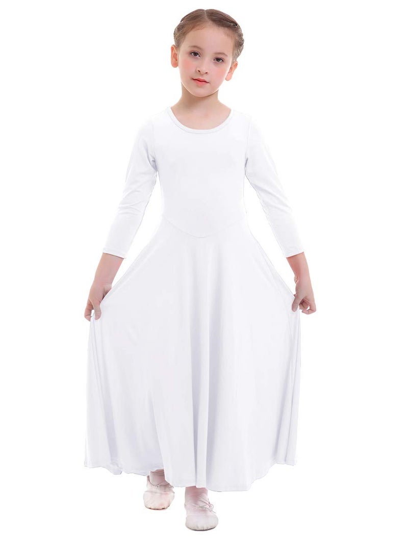 ZX Women's Long Sleeve Praise Dance Full Length Wide Swing Lyrical Dancewear Liturgical Worship Costume Dress, White, 7-8 Years - Image 3
