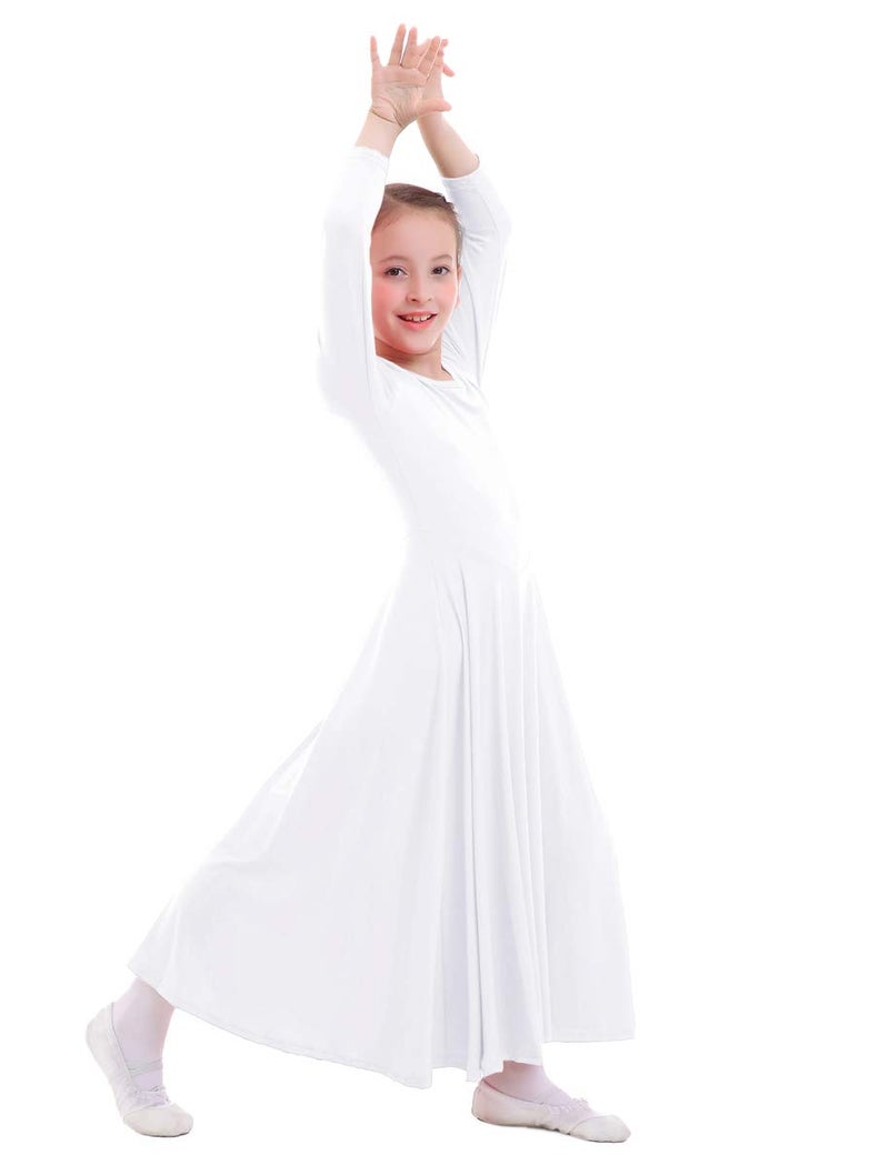 ZX Women's Long Sleeve Praise Dance Full Length Wide Swing Lyrical Dancewear Liturgical Worship Costume Dress, White, 7-8 Years - Image 4