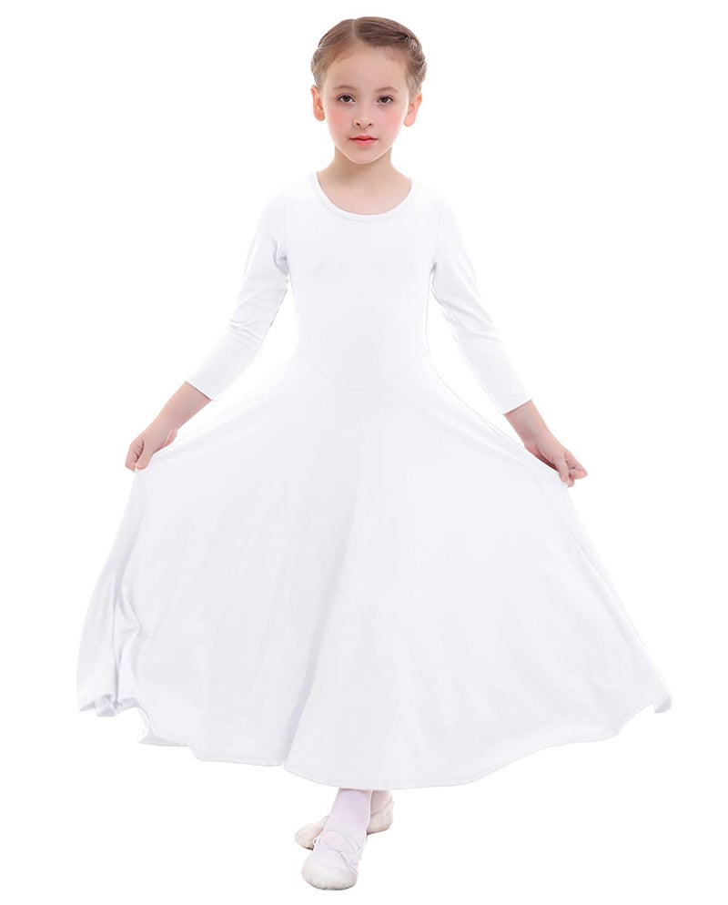 ZX Women's Long Sleeve Praise Dance Full Length Wide Swing Lyrical Dancewear Liturgical Worship Costume Dress, White, 7-8 Years - Image 2