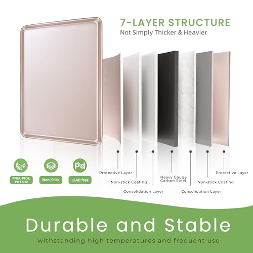 Bakeley 0.8mm 17-Inch Half Sheet Baking Pans,0.8mm Durable Non-Stick Carbon Steel Baking Sheet for Oven,Cookie Sheet Pan for Roasting Meat Bread Jelly Roll 17.52" x 11.73" x 0.91" (Champagne Gold) - Image 4
