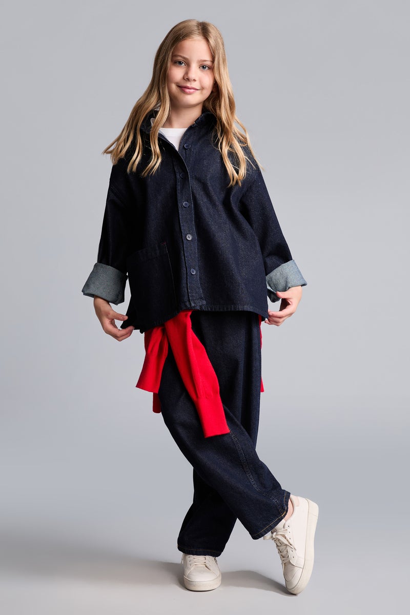 DeFacto Blue Girl Girl Navy 100% Cotton Denim Jacket Casual - Image 5