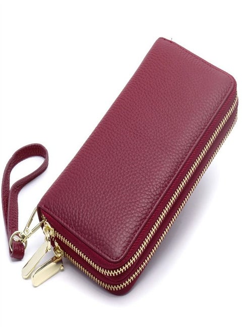 Multiple Compartment Double-Zip Wallet Wine Red