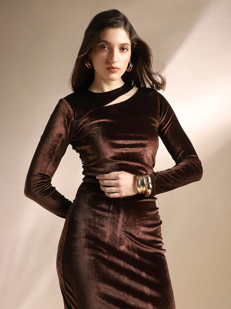 globus  Globus Women Brown Round Neck Long Sleeves Cut-Out Detail Velvet Bodycon Party Dress for Women | Best Price UAE
