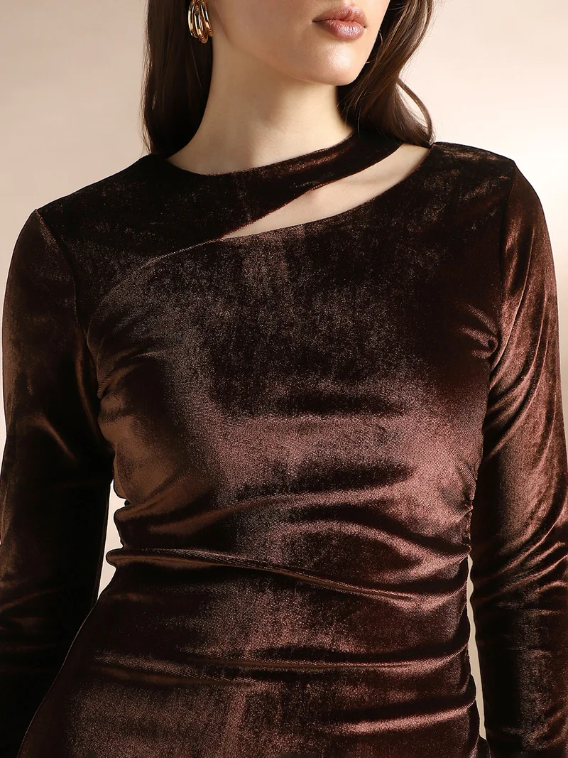 globus  Globus Women Brown Round Neck Long Sleeves Cut-Out Detail Velvet Bodycon Party Dress for Women | Best Price UAE