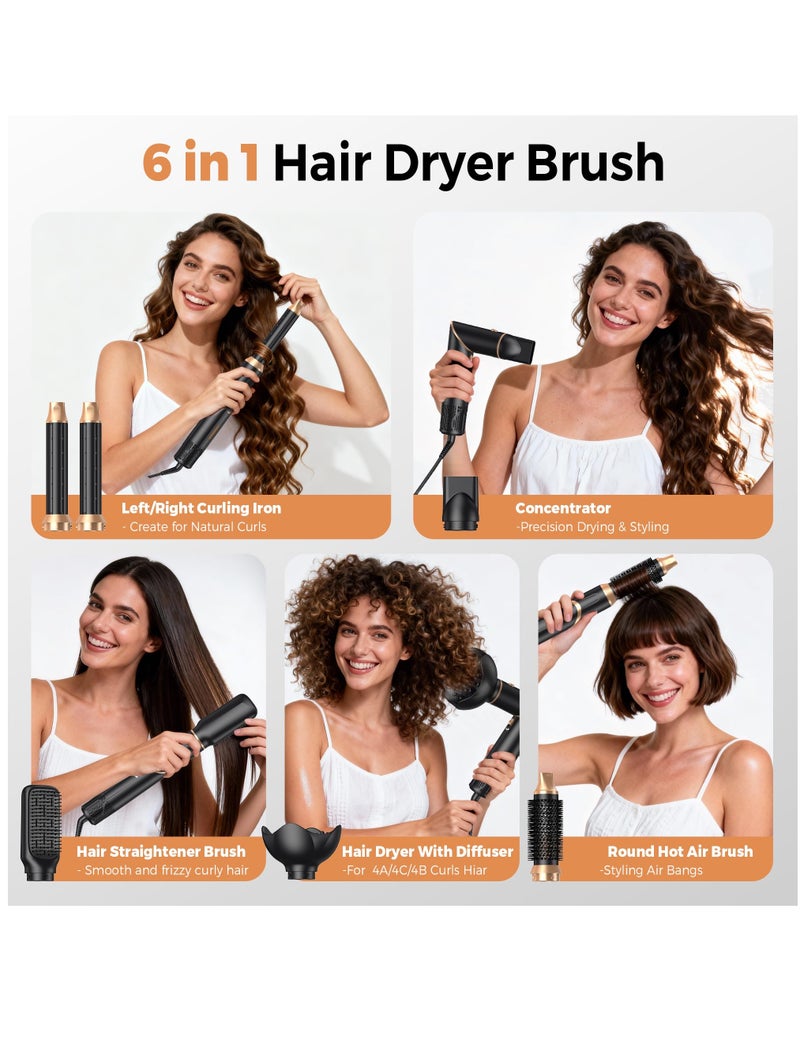 OKWRAP 6 in 1 Air Styler Brush Set,  Detachable Hair Dryer Styling Tools with Blow Dryer, Diffuser, Straightening Brush, Round Volumizing Brush, 2 Sizes Curling Barrels, Foldable Negative Ion Blowout Hair Styler for All Hair Types, Hair Styler Tools Home Travel Salon - Image 2
