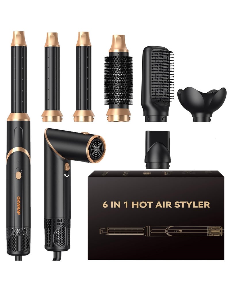 OKWRAP 6 in 1 Air Styler Brush Set,  Detachable Hair Dryer Styling Tools with Blow Dryer, Diffuser, Straightening Brush, Round Volumizing Brush, 2 Sizes Curling Barrels, Foldable Negative Ion Blowout Hair Styler for All Hair Types, Hair Styler Tools Home Travel Salon - Image 1