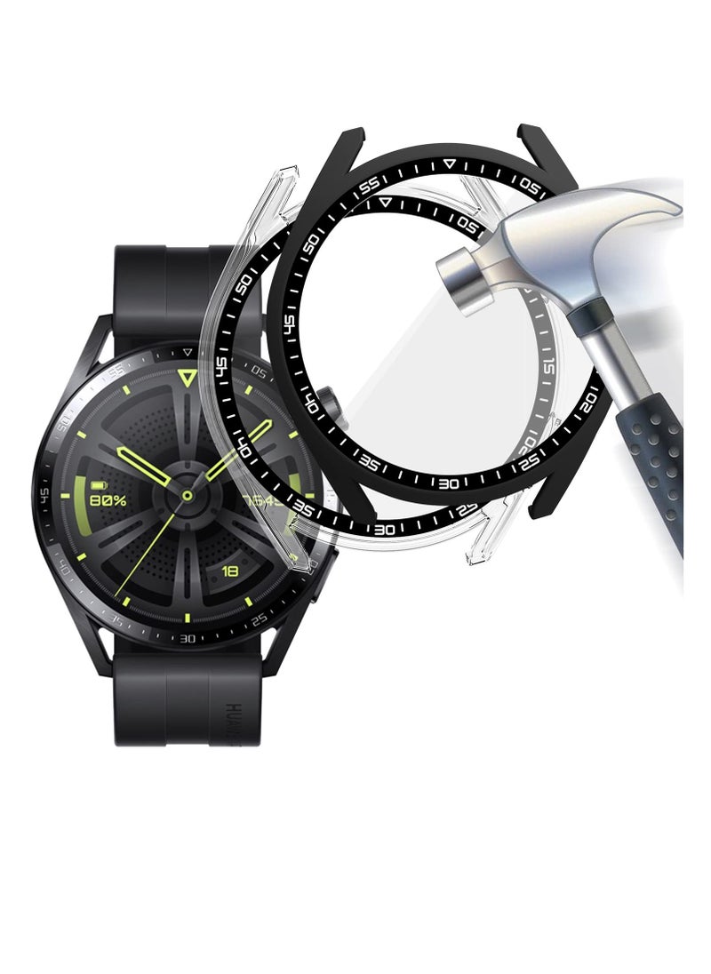 كاست ويف حافظة مكونة من عبوتين مع واقي شاشة من الزجاج المقوى متوافق مع ساعة Huawei Watch GT3 مقاس 46 مم، صلابة 9H 360 درجة غطاء حماية رفيع للغاية من البولي كربونات (أسود، شفاف)  - Image 1