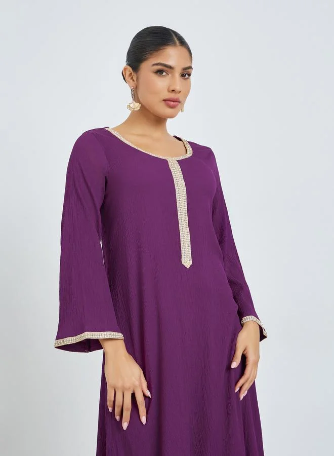 Amirah Purple Lace Panel Textured Jalabiya