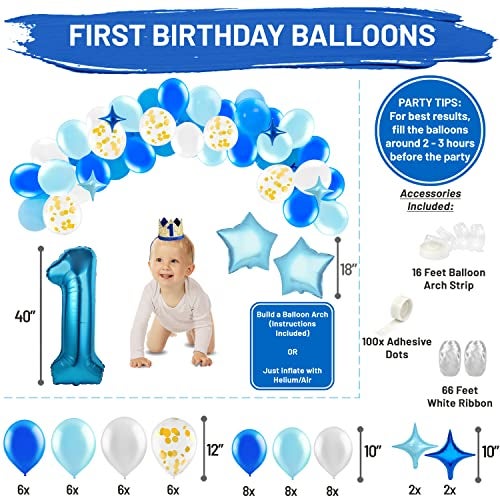 PartyHooman Baby Boy 1st Birthday Decorations With Birthday Crown  First Birthday Boy Decorations  Cake Smash Party Supplies  Happy Birthday and HighChair One Burlap Banner Number One Balloon Cake Topper - Image 5
