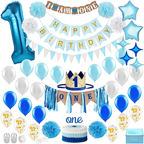 PartyHooman Baby Boy 1st Birthday Decorations With Birthday Crown  First Birthday Boy Decorations  Cake Smash Party Supplies  Happy Birthday and HighChair One Burlap Banner Number One Balloon Cake Topper - Image 1