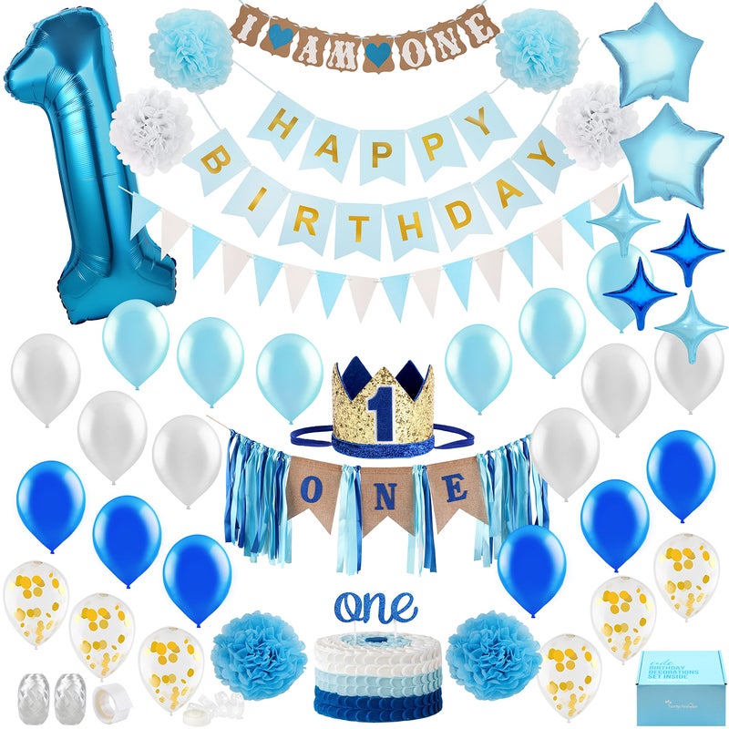 PartyHooman Baby Boy 1st Birthday Decorations With Birthday Crown  First Birthday Boy Decorations  Cake Smash Party Supplies  Happy Birthday and HighChair One Burlap Banner Number One Balloon Cake Topper - Image 3